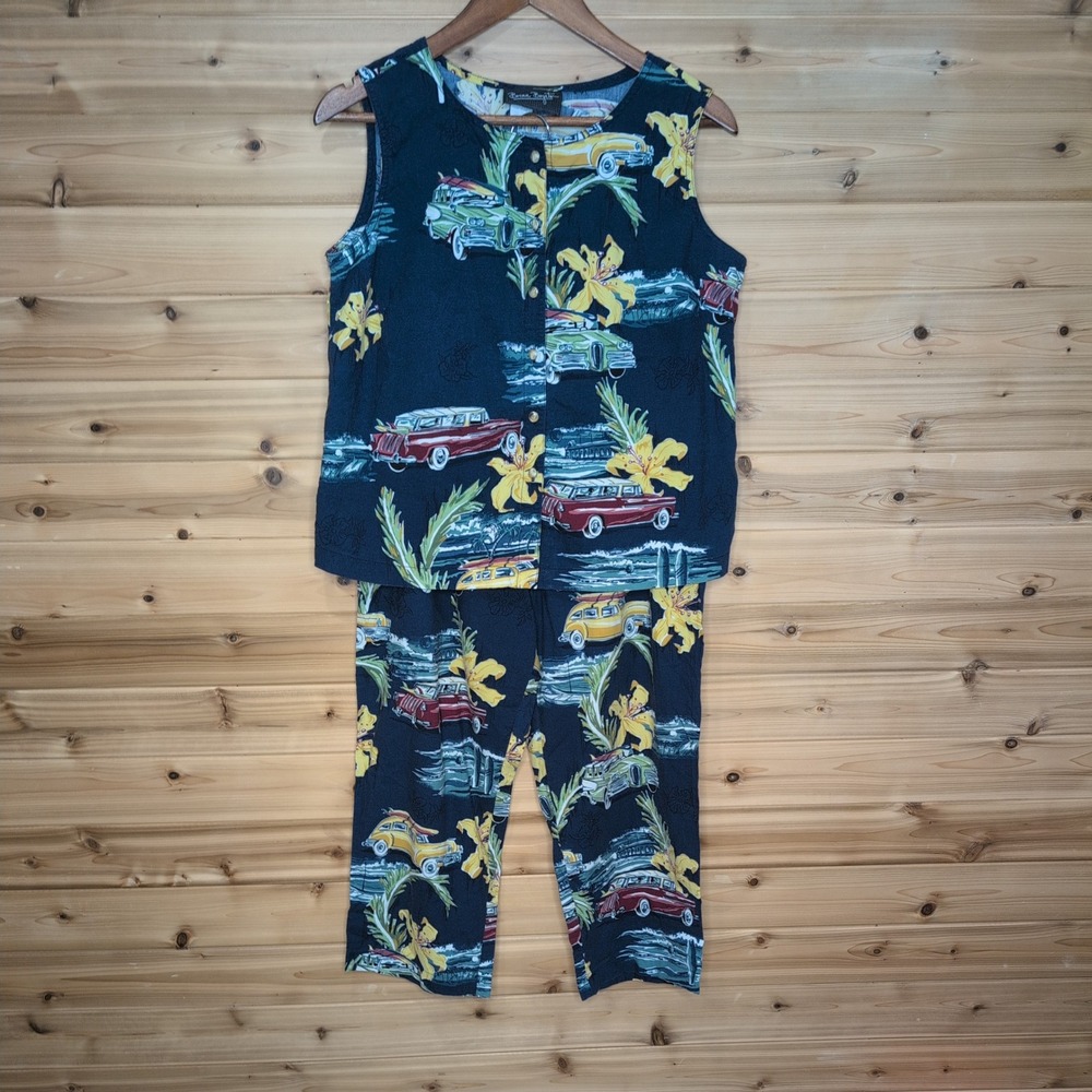 Bonnie Boynton Vintage 2 Piece Set Women Medium Hawaiian Classic Car Print Navy